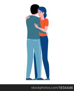 Greeting people. Man and woman hugging, friends together, boyfriend and girlfriend romantic relationships, adult couple on date. Greet and goodbye gesture. Vector cartoon flat isolated illustration. Greeting people. Man and woman hugging, friends together, boyfriend and girlfriend romantic relationships. Greet and goodbye gesture. Vector cartoon flat isolated illustration