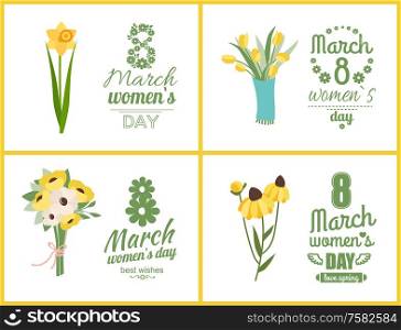 Greeting postcard decorated by yellow flowers, bouquet of tulip, daisy and violet, peony on white. Colorful spring plants, natural decoration vector. 8 March. Early spring and summer flower. Womens Day Greeting Postcard with Flowers Vector