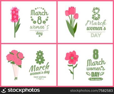 Greeting postcard of womens day decorated by pink flowers, bouquet or flavor with best wishes, papercard set of blossom on white, love spring vector. 8 March. Pink Flowers on Greeting Papercard, Bouquet Vector
