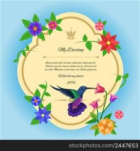 Greeting postcard with colibri bird and tropical flowers flat vector illustration. Bird And Flowers Postcard