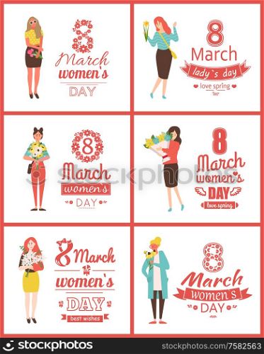 Greeting postcards on 8 March with happy women with flowers as gifts isolated. Vector lettering greetings with international holiday and cartoon ladies. Greeting Postcards on 8 March with Happy Women