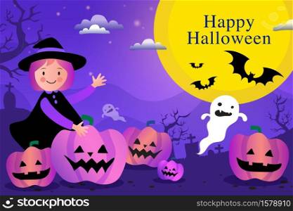 Greeting purple postcard, happy Halloween, card with pumpkin Jack, child, candy and ghost.