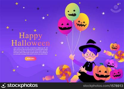 Greeting purple postcard, happy Halloween, card with pumpkin Jack, child, candy and ghost.