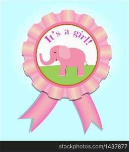 Greeting satin medal for baby girl. Baby Shower invitation card with flat pink elephant on turquose background. vector illustration. Greeting satin medal for baby girl. Baby Shower invitation card with flat pink elephant on turquose background. vector eps10