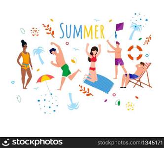 Greeting Summer Banner with Happy Jumping People. Male and Female Tourists Satisfied with Rest on Sunny Tropical Beach. Woman and Man Having Fun. Vector Flat Illustration on Transparent Backdrop. Greeting Summer Banner with Happy Jumping People