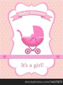 Greeting vector card for a girl on Baby Shower. Baby Shower invitation card with pink stroller and frame on pink background. vector illustartion. Greeting vector card for a girl on Baby Shower. Baby Shower invitation card with pink stroller and frame on pink background. vector eps10