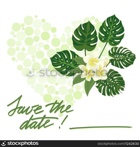 Greeting wedding card with tropical flower. Vector illustration. Greeting wedding card with tropical flower