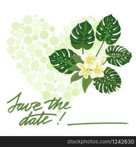 Greeting wedding card with tropical flower. Vector illustration. Greeting wedding card with tropical flower