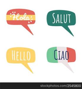 Greeting words in different languages semi flat color vector speech bubble set. Simple cartoon style illustration pack for web graphic design and animation. Amatic SC, Pacifico Regular fonts used. Greeting words in different languages semi flat color vector speech bubble set