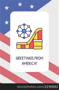 Greetings from America greeting card with color icon element. Amusement park. Postcard vector design. Decorative flyer with creative illustration. Notecard with congratulatory message on. Greetings from America greeting card with color icon element
