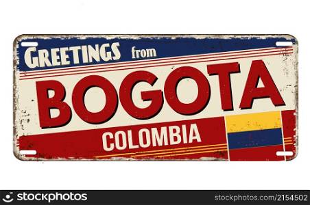 Greetings from Bogota vintage rusty metal plate on a white background, vector illustration