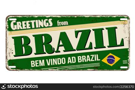 Greetings from Brazil vintage rusty metal plate on a white background, vector illustration