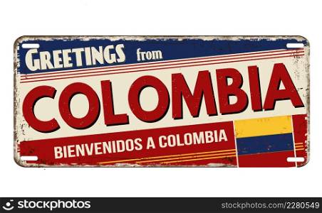 Greetings from Colombia vintage rusty metal plate on a white background, vector illustration