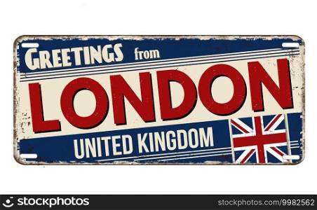 Greetings from London vintage rusty metal plate on a white background, vector illustration