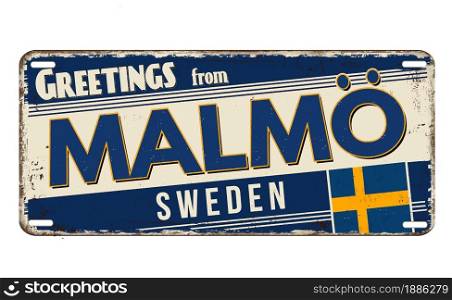 Greetings from Malmo vintage rusty metal plate on a white background, vector illustration