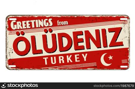 Greetings from Oludeniz vintage rusty metal plate on a white background, vector illustration