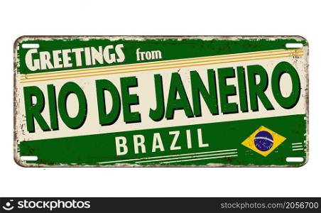 Greetings from Rio de Janeiro vintage rusty metal plate on a white background, vector illustration