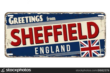 Greetings from Sheffield vintage rusty metal plate on a white background, vector illustration