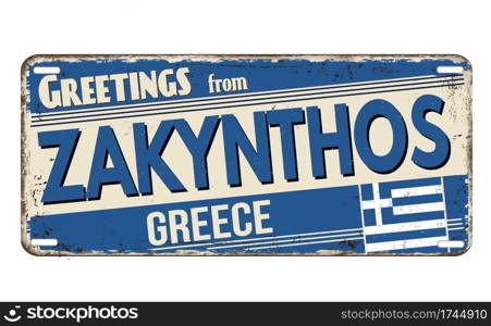 Greetings from Zakynthos vintage rusty metal plate on a white background, vector illustration