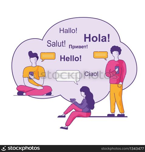 Greetings in Different Languages in Blue Cloud. Vector Illustration on White Background. Girl in Casual Clothes with Cup Coffee Communicates through Social Network Messenger with Guy.