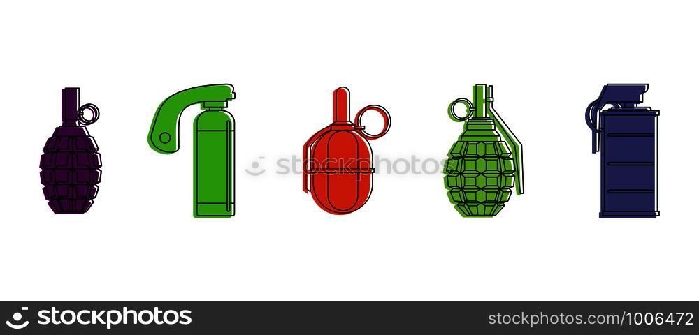 Grenade icon set. Color outline set of grenade vector icons for web design isolated on white background. Grenade icon set, color outline style