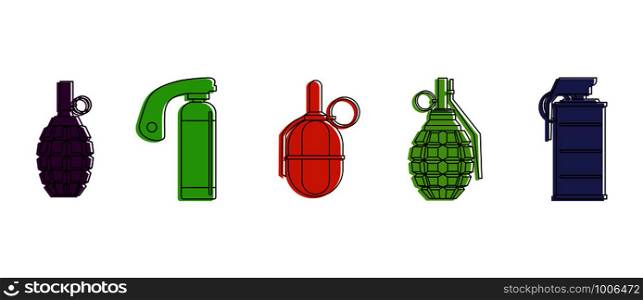 Grenade icon set. Color outline set of grenade vector icons for web design isolated on white background. Grenade icon set, color outline style
