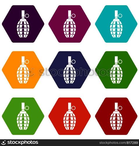 Grenade icon set many color hexahedron isolated on white vector illustration. Grenade icon set color hexahedron