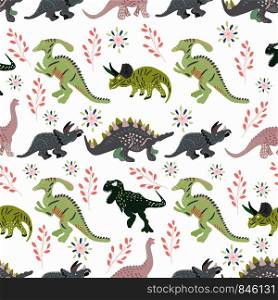 Grey and green dinosaurs hand drawn seamless pattern on white background. Cute hand drawn sketch style textile, wrapping paper, background design. . Grey and green dinosaurs hand drawn seamless pattern