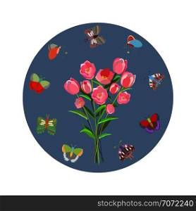Grey circle with tulips and butterflies on white background. Space for text. Flat style clip with copyspace. Greeting card, poster design element. Vector Illustration.. Round flat frame with butterflies and tulips.