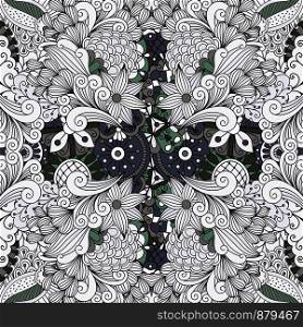 Grey color outline decorative floral pattern with flowers, swirls and leaves. Vector illustration. Grey color outline decorative floral pattern