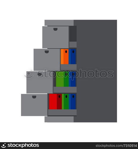 Grey container template color vector illustration of case with four shelves with black handles, set of blue green and red folders isolated on white. Grey Container Template Color Vector Illustration