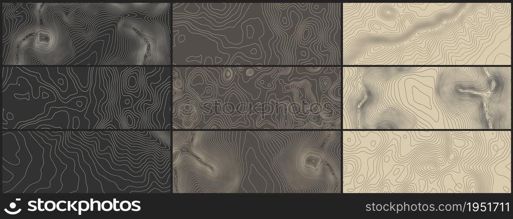 Grey contours vector topography. Geographic mountain topography vector illustration. Topographic pattern texture. Map on land vector terrain. Elevation graphic contour height lines.. Grey contours vector topography. Geographic mountain topography vector illustration. Topographic pattern texture. Map on land vector terrain. Elevation graphic contour height lines. Vector Set.