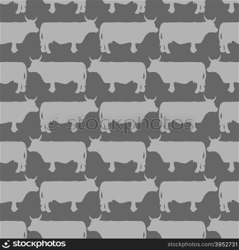 Grey cows graze seamless pattern. Vector background of livestock. Grey animals on a black background.&#xA;