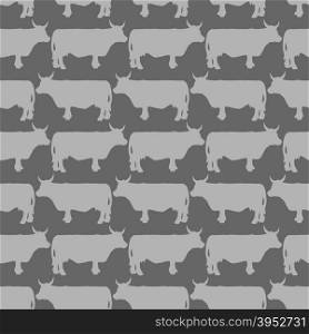 Grey cows graze seamless pattern. Vector background of livestock. Grey animals on a black background.&#xA;