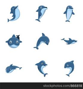 Grey dolphin icon set. Cartoon set of 9 grey dolphin vector icons for web design isolated on white background. Grey dolphin icon set, cartoon style
