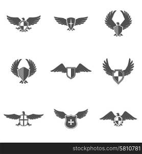 Grey eagle wings and feathers icons with shield set isolated vector illustration. Eagle Icon Shield Set