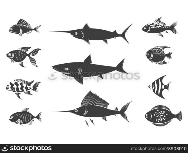 Grey fish silhouettes set. Grey fish silhouettes set isolated on white background. Vector illustration