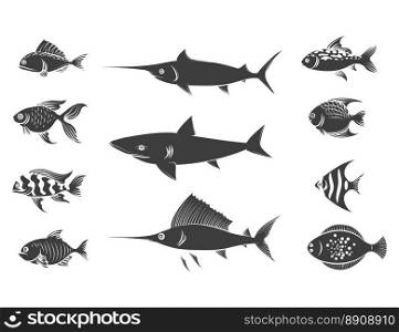 Grey fish silhouettes set. Grey fish silhouettes set isolated on white background. Vector illustration