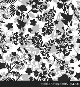 Grey floral seamless pattern design. Background with plants, vector illustration. Grey floral seamless pattern design