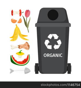 Grey garbage can with organic elements, vector illustration. Grey garbage can with organic elements