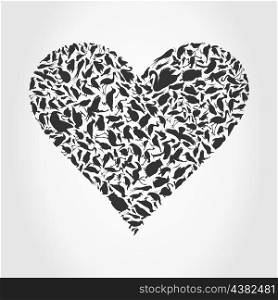 Grey heart collected from birds. A vector illustration