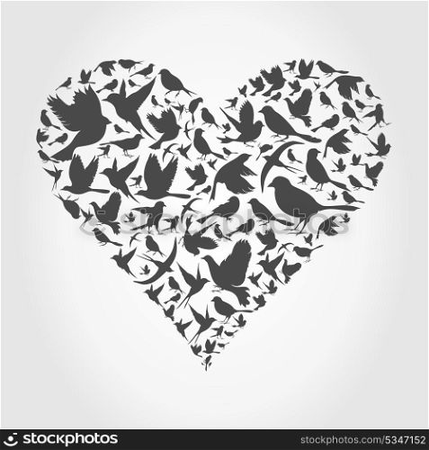 Grey heart collected from birds. A vector illustration