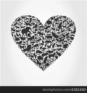 Grey heart made of animals. A vector illustration