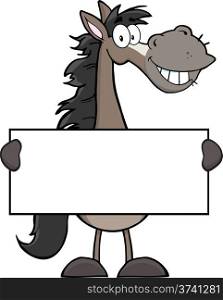 Grey Horse Cartoon Mascot Character Holding A Banner