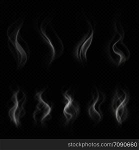 Grey hot smoke clouds. White transparent steam evaporation isolated vector effects. Vector motion steam fog, flow smoke effect illustration. Grey hot smoke clouds. White transparent steam evaporation isolated vector effects