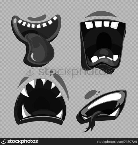 Grey monster mouths vector isolated on transparent background. Cartoon characters collection illustration. Grey monster mouths vector isolated on transparent background