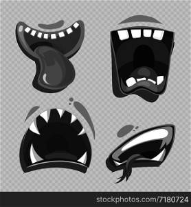 Grey monster mouths vector isolated on transparent background. Cartoon characters collection illustration. Grey monster mouths vector isolated on transparent background