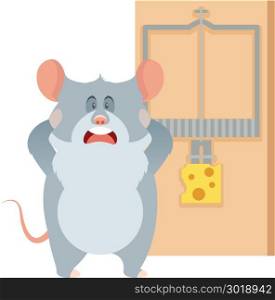 Grey mouse and a mousetrap. Vector image of the flat Grey mouse and a mouse trap