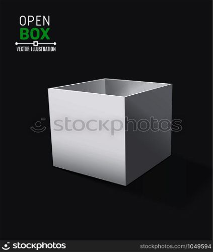 Grey open box with realistic shadows on dark background. Vector illustration.. Grey open box with realistic shadows on dark background