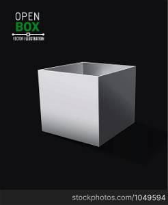 Grey open box with realistic shadows on dark background. Vector illustration.. Grey open box with realistic shadows on dark background